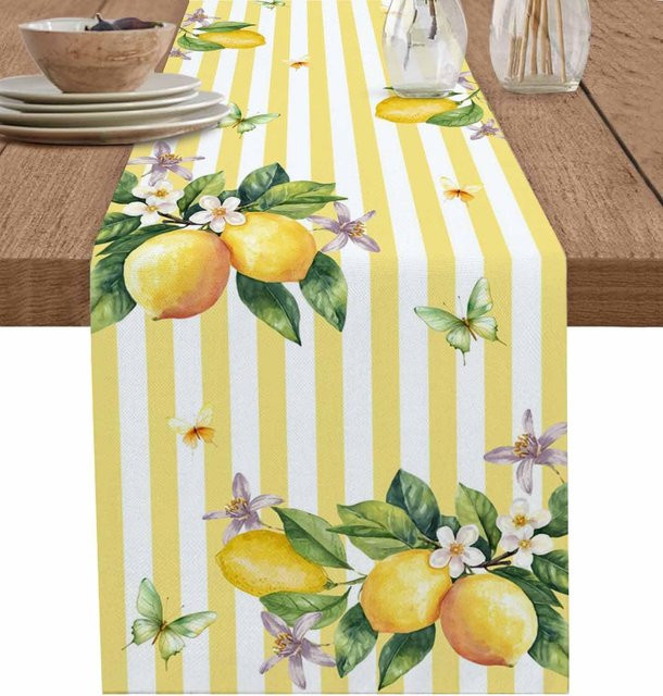 JINGYUE Pet Tischläufer aus Leinen mit Zitronen-Motiv und gelben Streifen in Beige, B: 150 cm, T: 33 cm - Bild 1