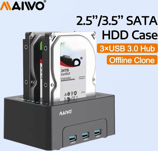 MAIWO Dual-Bay Festplatten-Dockingstation mit Offline-Klonfunktion für 2,5 und 3,5 Zoll SATA HDD SSD, 3x USB 3.0 Hub Erweiterung, Schwarz - Bild 1