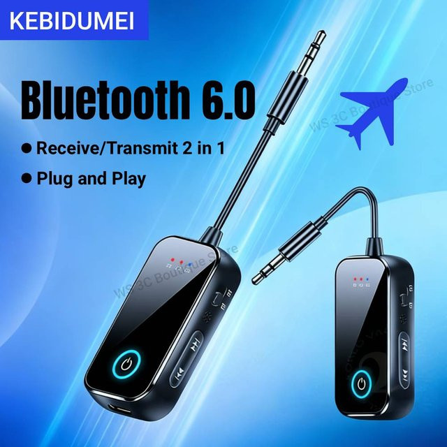 Kebidumei 2 in 1 Bluetooth 6.0 Audio Sender und Empfänger mit Mikrofon, HiFi Stereo Wireless Adapter mit 3,5 mm Klinke, Schwarz - Bild 1
