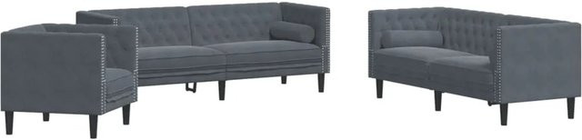 vidaXL 3-teiliges Chesterfield-Sofa-Set aus Samt in Grau mit Nackenrollen - Bild 1