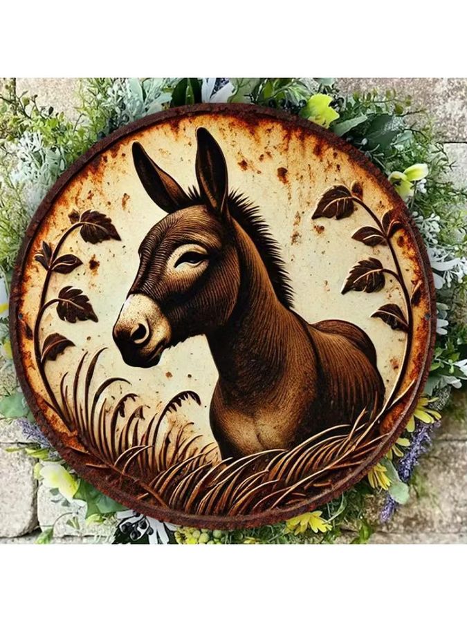 Potdemiel Rundes Metall-Wandschild mit Vintage-Esel-Illustration und Blumenrand, Multicolor, Durchmesser: 20,3 cm - Bild 5