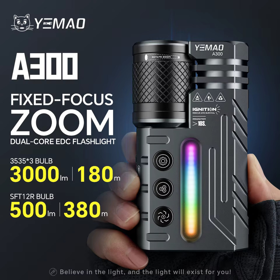 YEMAO A300 Dual-Core EDC-Taschenlampe in Schwarz mit 3500 lm, zoombarem Flutlicht, 400 m Reichweite, RGB-Atmosphärenlicht und 4800 mAh Akku - Bild 3