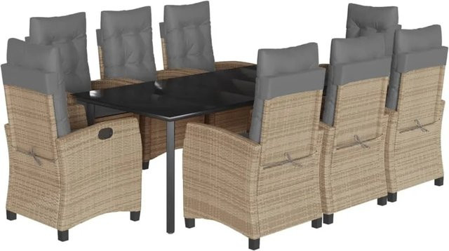 vidaXL 9-teilige Garten-Essgruppe aus Poly Rattan mit Glasplatte und Kissen in Schwarz und Hellgrau mit Beigemischung - Bild 1