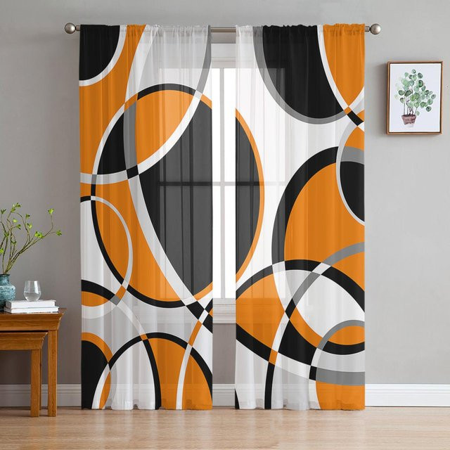 Moderne transparente Tüllvorhänge von A Family Of Home Textiles mit geometrischem Design in Orange, Breite: 135 cm, Höhe: 160 cm - Bild 1
