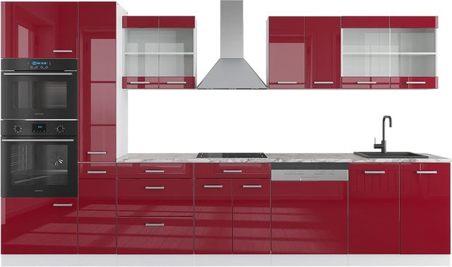 Vicco R-Line Küchenzeile Einbauküche in Weiß und Bordeaux Hochglanz mit Marmor Arbeitsplatte, Breite: 350 cm - Bild 1