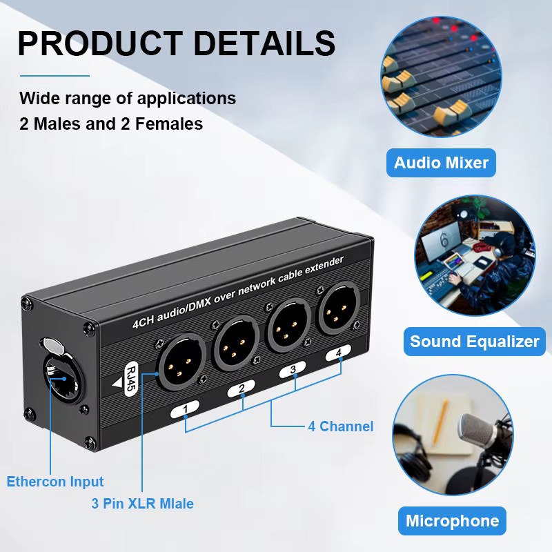 TITAK RJ45 CAT5 CAT6 zu 4-Kanal 3-Pin XLR DMX512 Audio-Extender, vergoldeter DMX-Netzwerksignal-Transceiver in Schwarz für Live-Bühne und Aufnahmestudio - Bild 4
