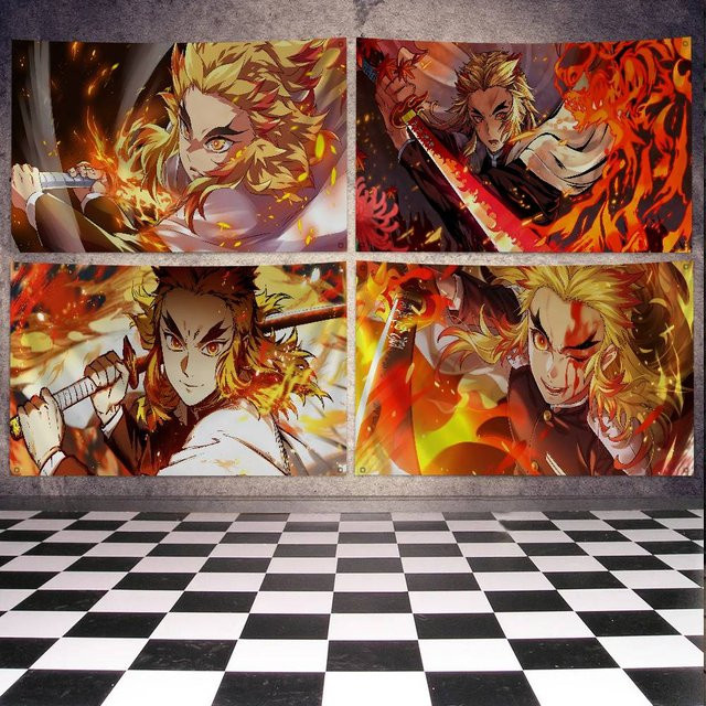 Dämon Slayer Rengoku Kyoujurou Anime Flagge aus Polyester mit vier Löchern für Outdoor und Zimmer Dekoration, Mehrfarbig - Bild 1