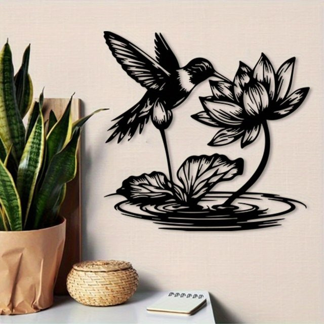 CIFBUY Wandkunst aus rostfreiem Eisen mit Kolibri und Lotus in Schwarz, Vintage Blumen-Dekoration für Innen und Außen, B/H: 30,48 x 30,48 cm - Bild 1