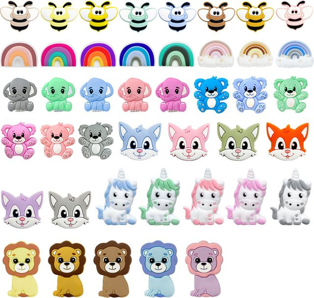 Lcmombay 10er Set Silikon-Beißperlen in bunten Tier- und Regenbogenformen als Zubehör für Schnullerketten und Armbänder für Babys - Bild 1