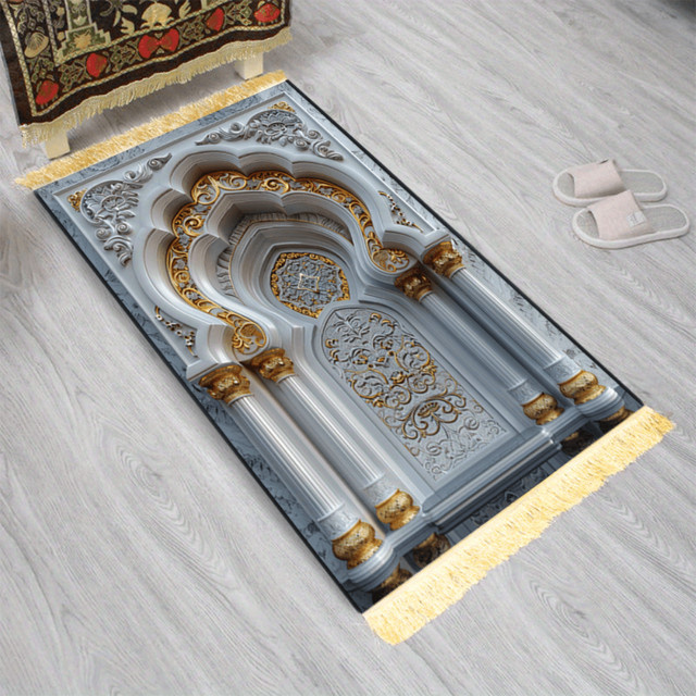 VIKAMA Islamischer Gebetsteppich mit 3D-Effekt aus Polyester in Multicolour, Tragbare Muslimische Salah-Matte im Orientalischen Design - Bild 1