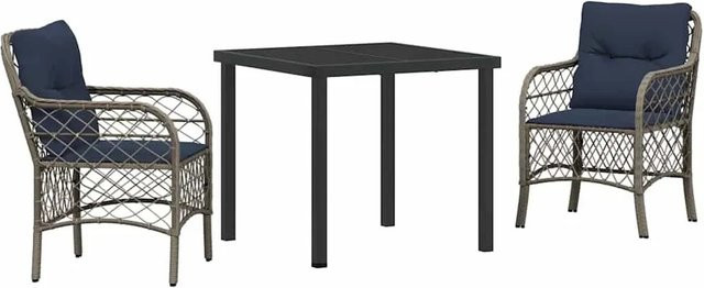 vidaXL Garten Essgruppe 3-teilig aus Poly-Rattan mit Glasplatte und Kissen in Grau und Schwarz - Bild 1