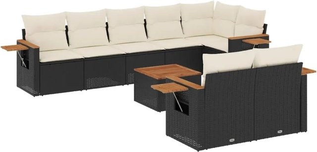 vidaXL 9-tlg. Garten-Sofagarnitur in L-Form aus Poly-Rattan und Akazienholz in Schwarz-Creme mit Kissen - Bild 1