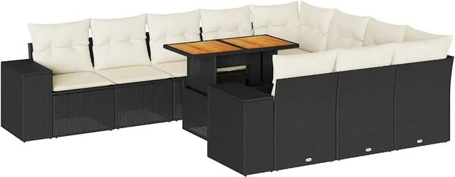 vidaXL 10-teilige Garten-Sofagarnitur in L-Form aus Polyrattan und Akazienholz mit Kissen in Schwarz-Creme - Bild 1