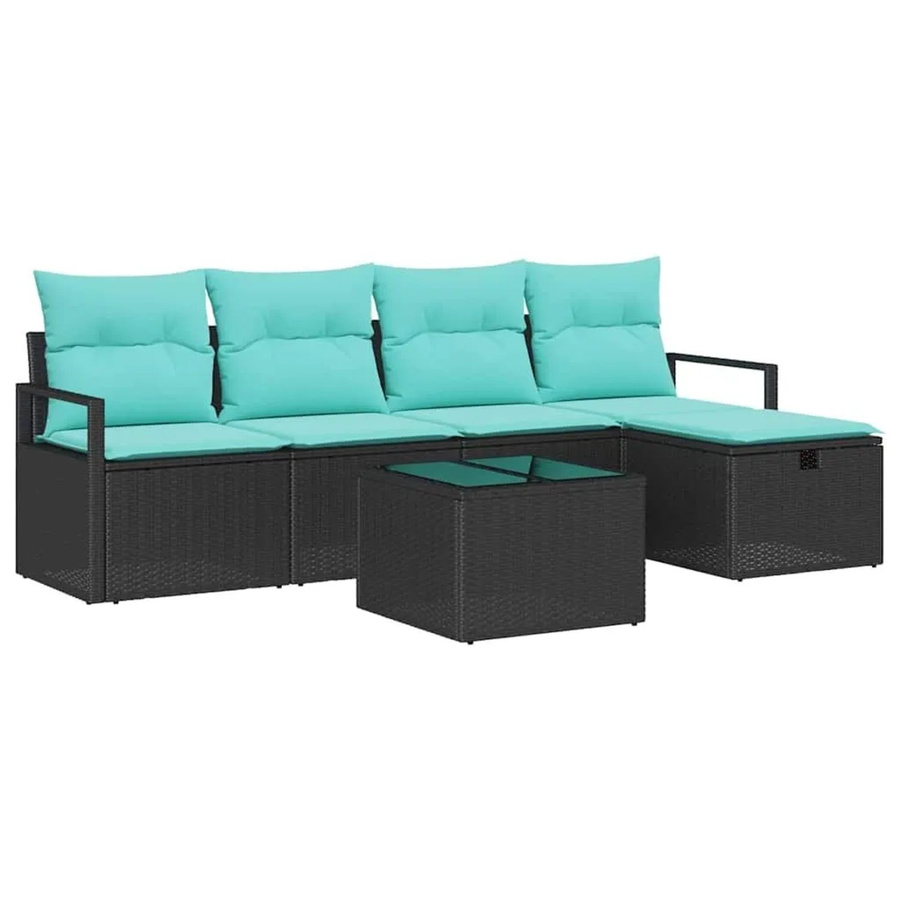 vidaXL 6-teiliges L-Shape Gartenmöbel Set aus Poly-Rattan in Schwarz und Türkis mit Ottoman und Kissen - Bild 2