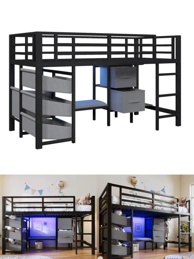 Jugacool Hochbett mit Treppe und LED-Beleuchtung in Schwarz, B/T: 90 x 200 cm - Bild 6