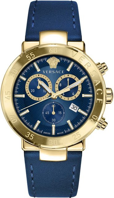 Versace Chronograph, Quarz, Edelstahl, Blau, Leder, 44 mm, Herren - Bild 1