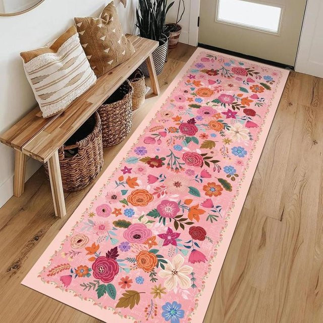 Wucifang Jewelry Boho Teppich mit Blumenmuster in Pink, weich und waschbar, B/L: 40 x 100 cm - Bild 1