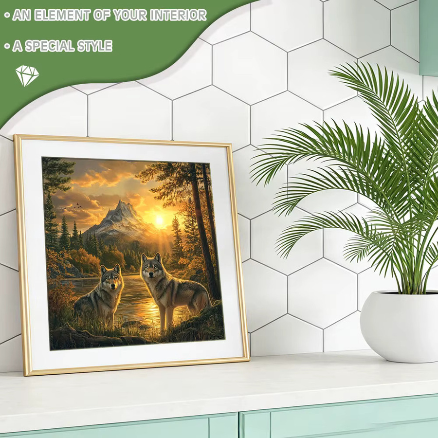 Huacan Diamant-Malerei Wolf bei Sonnenuntergang als Tier-Landschaftskunst in Mehrfarbig, B/H: 20 x 20 cm - Bild 3