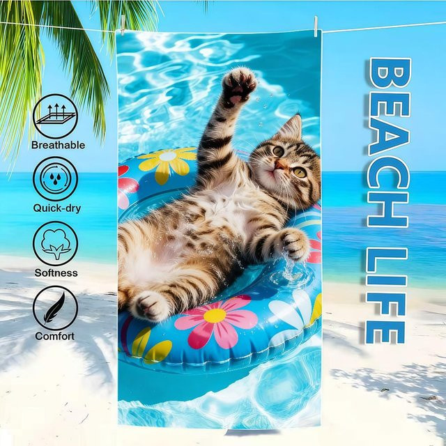 Schnelltrocknendes Handtuch für Katzen mit Katzenmuster, leicht und tragbar für Strand, Pool und Reise, B: 30 cm, H: 60 cm - Bild 1