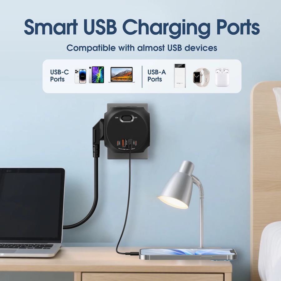 DODOYESANA Steckdosenleiste mit 4 AC-Mehrfachsteckdosen, 2 USB-A und 2 USB-C Anschlüssen, 4000W, EU-Stecker - Bild 4