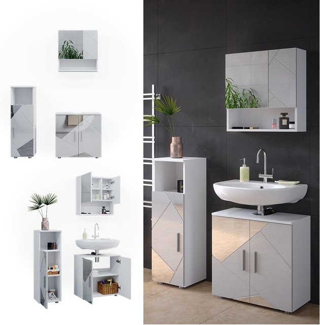 Vicco Badmöbelset Irma in Weiß Hochglanz, modernes 3-teiliges Badezimmer-Set mit Spiegelschrank und Midischrank - Bild 1