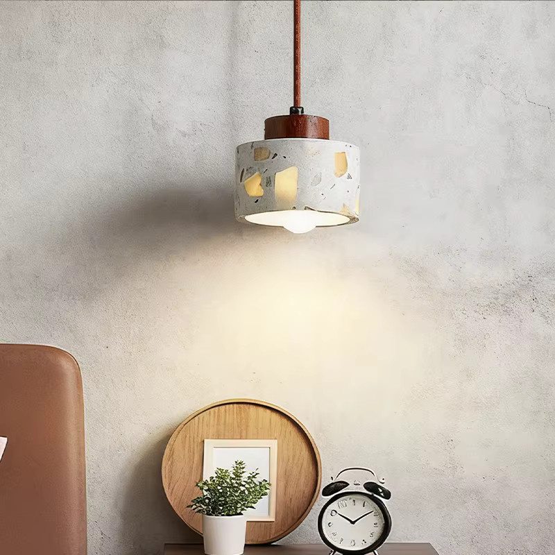 Transluzente Stein-Antik-Kleinpendelleuchte im Zen-Stil aus Walnussholz und Terrazzo in Weiß für Schlafzimmer und Esszimmer - Bild 2