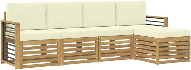vidaXL Outdoor-Sofagarnitur 5-teilig aus Akazienholz in Weiß und Beige, L-Form mit Polstern, B/T/H: 249 x 122,5 x 73 cm - Bild 1