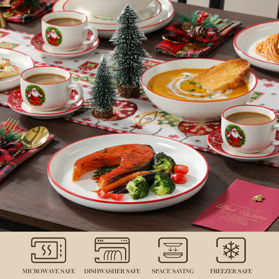 Malacasa Keramik Geschirr Set Weihnachtsbaum Design in Weiß, 30-teiliges Kombi-Service mit Tellern, Schüsseln und Bechern - Bild 3