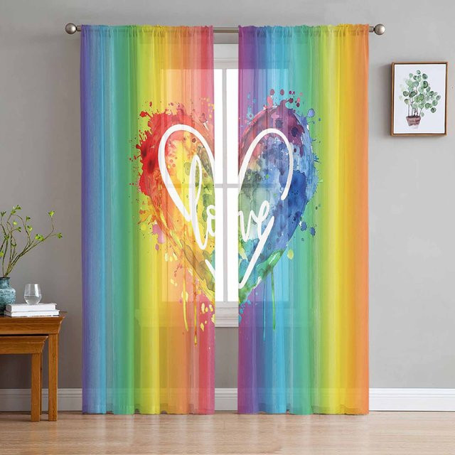 Super Six Regenbogen Aquarell Liebesherz Tüll Vorhang aus Chiffon, Transparent, Gelb/Mehrfarbig, B: 135 cm, H: 114 cm - Bild 1