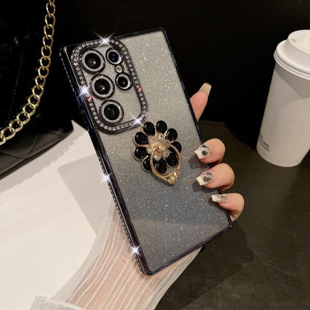 Luxus Handyhülle mit Strass-Rahmen und Diamant-Ring-Ständer für Samsung Galaxy S25 Ultra S24 S23 S22 Plus, Farbe: transparent - Bild 1