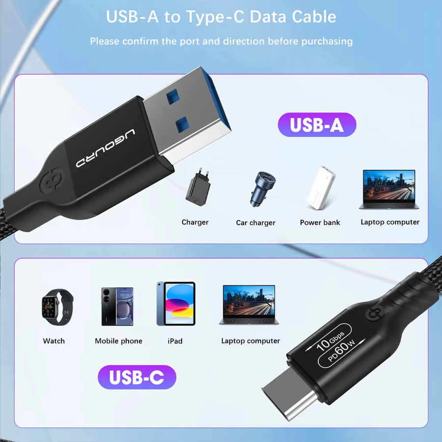 UGOURD USB-A auf USB-C Kabel USB 3.2 Gen2 mit 10 Gbit/s Datenübertragung und PD 60W Schnellladefunktion in Schwarz - Bild 6