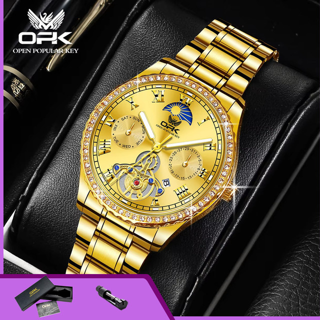 OPK Armbanduhr, Quarz, Edelstahl, Gold, Diamant, Zirkonia, Herren - Bild 1
