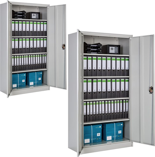 tectake Aktenschrank aus pulverbeschichtetem Stahl in Grau mit 2 Flügeltüren und höhenverstellbaren Einlegeböden, B/T/H: 90 x 40 x 180 cm, 2er Set - Bild 1