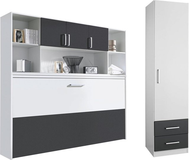 RAUCH ALBERO Querklappbett mit Regalelement und 1-türigem Schrank in Alpinweiß und Grau-metallic, Breite: 90 cm, Tiefe: 200 cm, Höhe: 214 cm - Bild 1