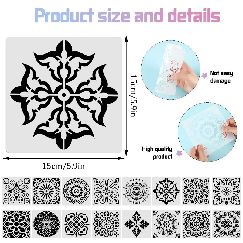 16-teiliges Mandala-Schablonen-Set aus Kunststoff für Punktmalerei und DIY-Dekoration, Durchmesser: 15 cm - Bild 2