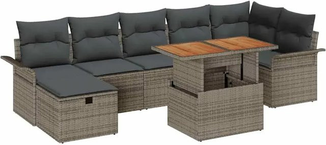 vidaXL Garten-Sofa-Set aus Polyrattan in Grau, 8-teiliges L-Shape Lounge-Set mit Polsterkissen, Couchtisch und integriertem Stauraum - Bild 1