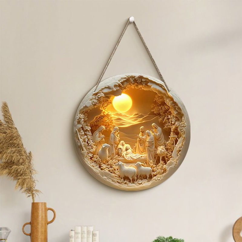 Beiges Hängeornament aus Holz als flache Krippe für Weihnachten und Ostern, Durchmesser: 20 cm - Bild 1