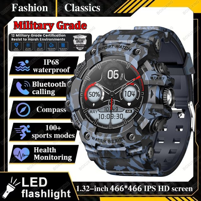 BOXUXING Militär Outdoor Smartwatch für Männer in Grün mit Bluetooth Anruffunktion, Herzfrequenzmessung, Kompass und IP68 Wasserdichtigkeit - Bild 1