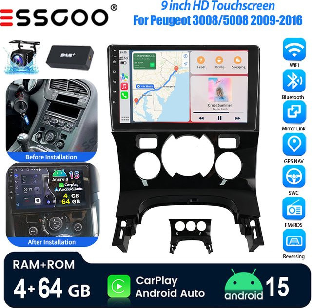ESSGOO Android 15 Autoradio mit 9 Zoll Display für Peugeot 3008 5008 (2009-2016), 4+64 GB, Schwarz, GPS Navigation, WiFi, Wireless CarPlay, Android Auto, Bluetooth, CANBUS und Lenkradsteuerung - Bild 1