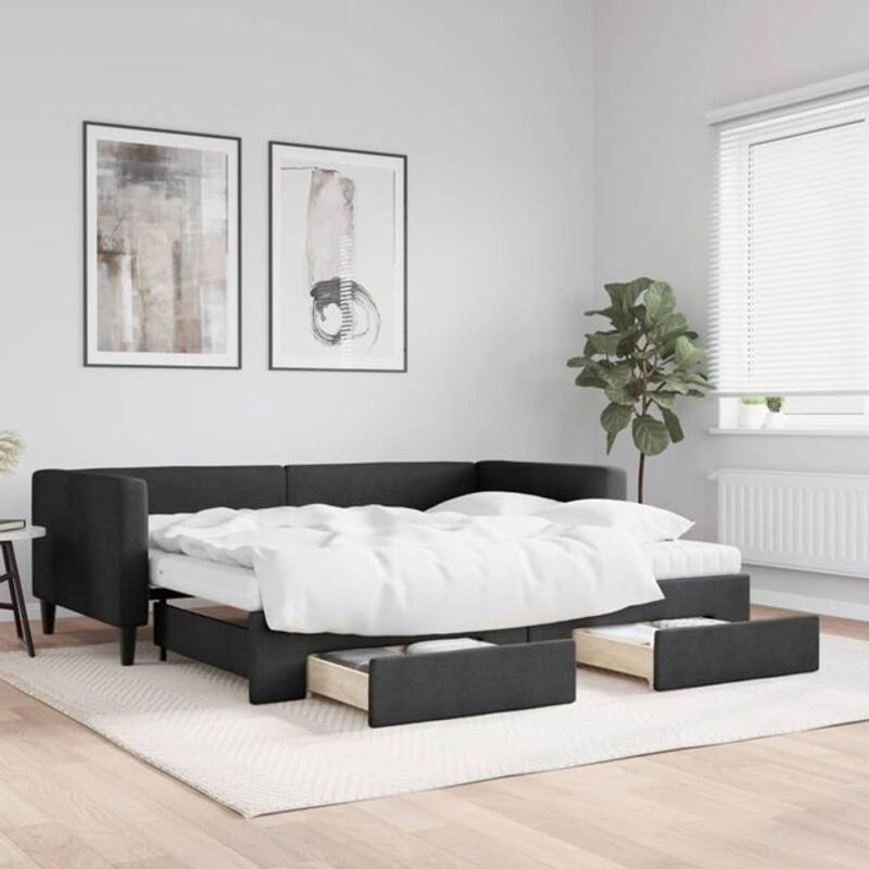 Ausziehbares Funktionsbett Vidaxl mit Schubladen in Schwarz aus Stoff und Metall, B/T/H: 90 x 190 cm - Bild 1