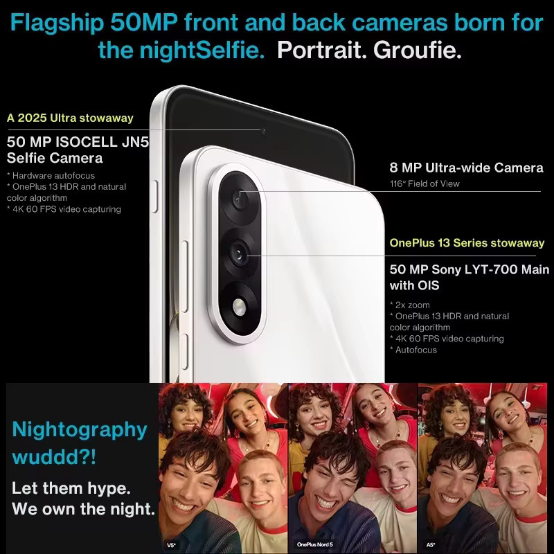 OnePlus Nord 5 Smartphone mit 256 GB oder 512 GB Speicher, 6,83 Zoll AMOLED 1,5K Display, Snapdragon 8s Gen 3, Android 15, 50 MP OIS+EIS-Kamera und 6800 mAh Akku, Farbe Sand - Bild 2