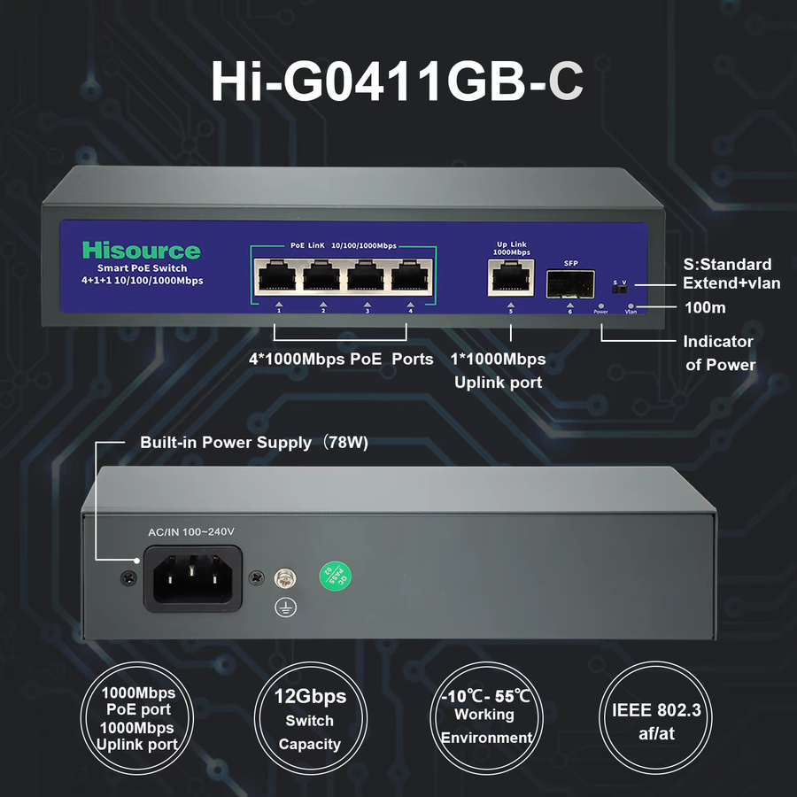 Hisource 48 Port Full Gigabit PoE Switch mit aktiver 48V Versorgung für IPC und NVR, Ethernet 100/1000 Mbit/s - Bild 1