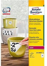 Avery Zweckform Folien-Etiketten weiß, wetterfest und wieder ablösbar, B: 70 mm, H: 37 mm - Bild 1