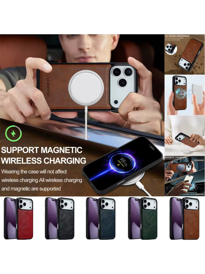 EUCAGR MagSafe Magnetische Drahtlose Lade Schutzhülle aus PU Leder für iPhone in Schwarz - Bild 7