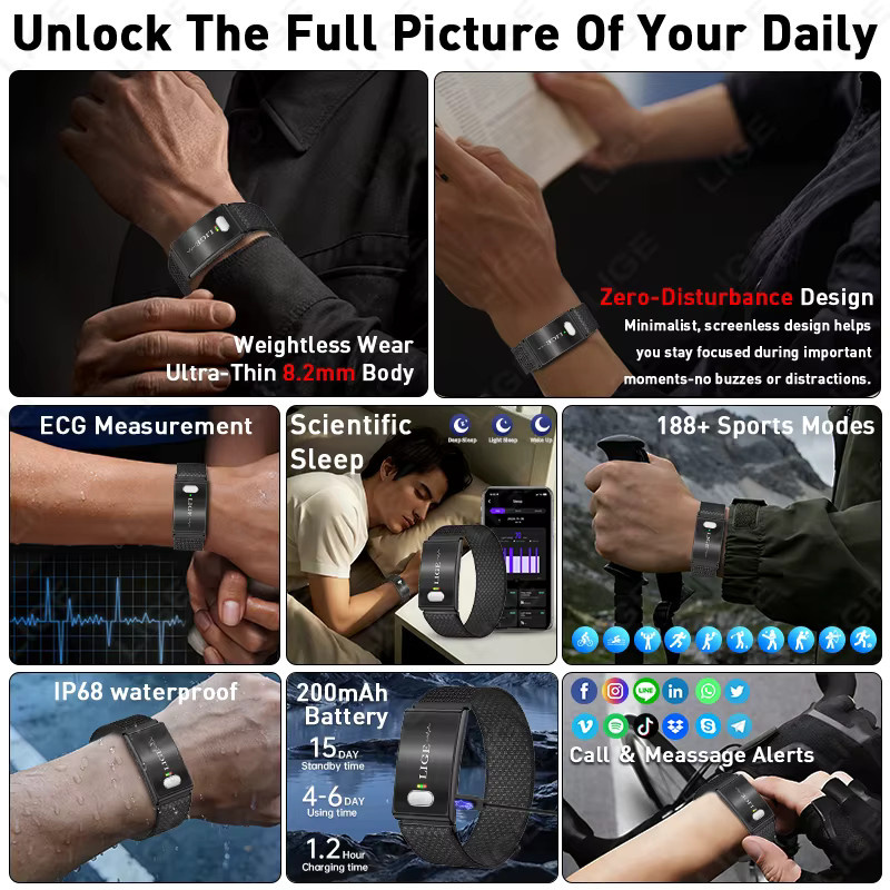 LIGE Smartwatch mit EKG, PPG und HRV zur Gesundheitsüberwachung in Schwarz - Bild 5
