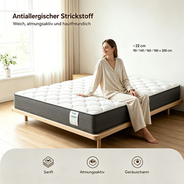 Luvanza Hybrid Matratze mit 7-Zonen Taschenfederkern und Komfortschaum, H4 fester Liegekomfort, Grau-Weiß, B/T: 90 x 200 cm - Bild 1