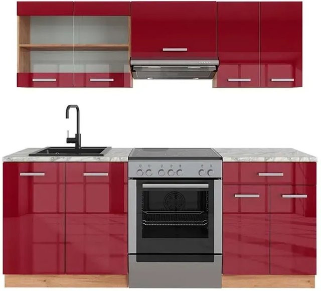 Vicco R-Line Küchenzeile Bordeaux Hochglanz Goldkraft Eiche mit Marmor-Optik, Breite: 200 cm - Bild 1
