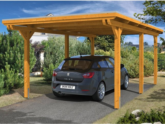 Skan Holz Einzelcarport Emsland aus Leimholz Fichte mit Aluminium-Dachplatten in Braun, Breite: 354 cm, Tiefe: 604 cm, Höhe: 238 cm - Bild 1