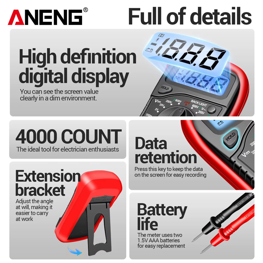 ANENG Digitalmultimeter AN8205C mit blauer Hintergrundbeleuchtung für AC/DC Spannung, Temperatur und hFE Triode Test - Bild 4