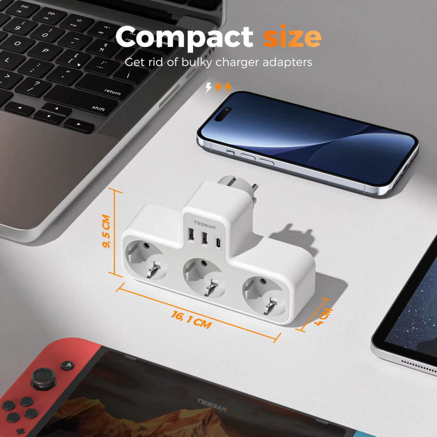 TESSAN 6-in-1 USB-Wandsteckdose mit 3 AC-Steckplätzen als EU-Standard Verlängerungskabel und Wandladegerät für Zuhause und Büro in Grau oder Weiß - Bild 2